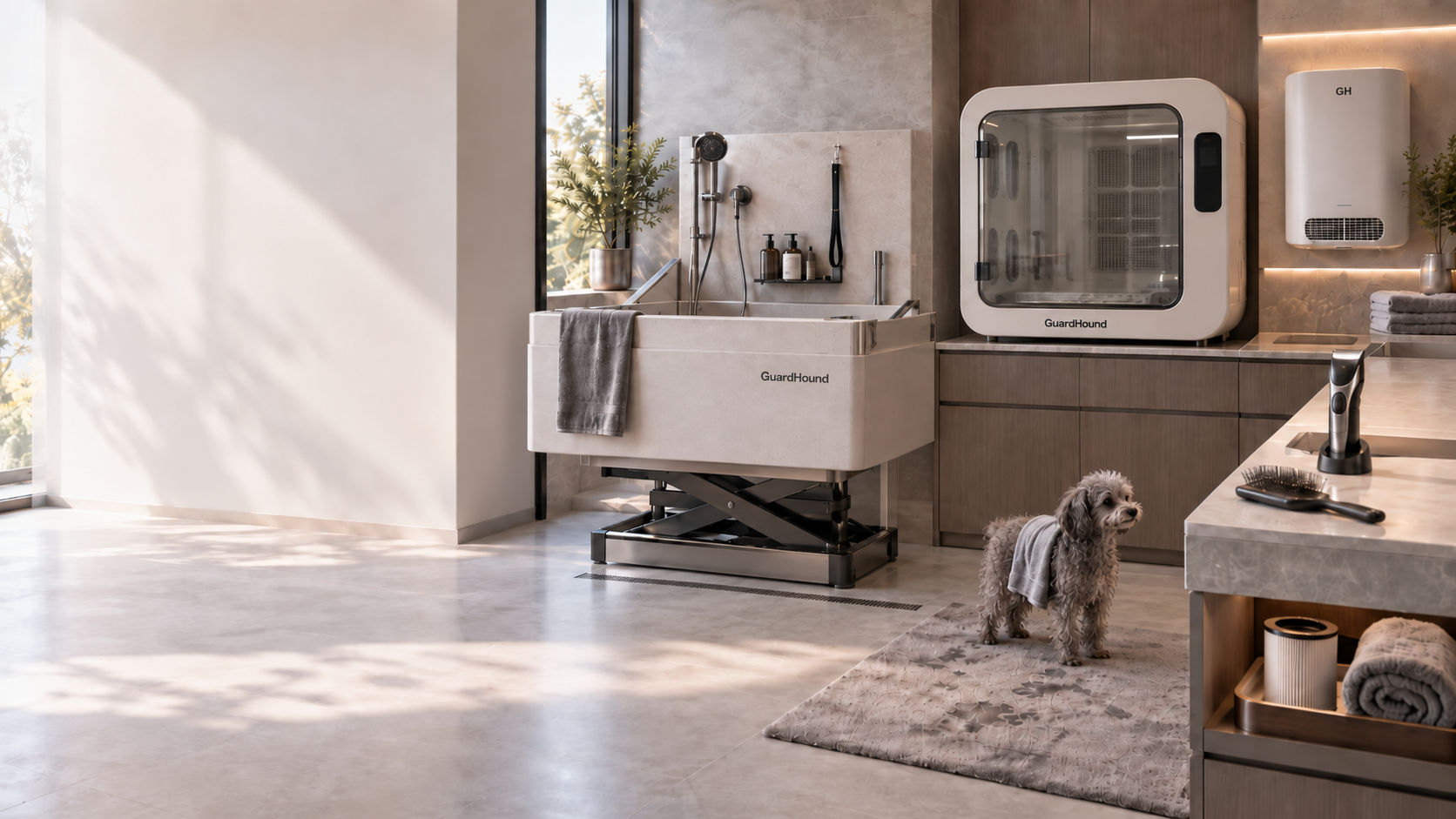 منظومة GuardHound للتنظيف والعناية الذكية بالكلاب · مشهد التنظيف المنزلي: طاولات وأحواض تنظيف ذكية، صناديق تجفيف ذكية، أجهزة تنقية هواء معلّقة على الحائط، أدوات قص وتمشيط الشعر ومستلزمات التنظيف والعناية