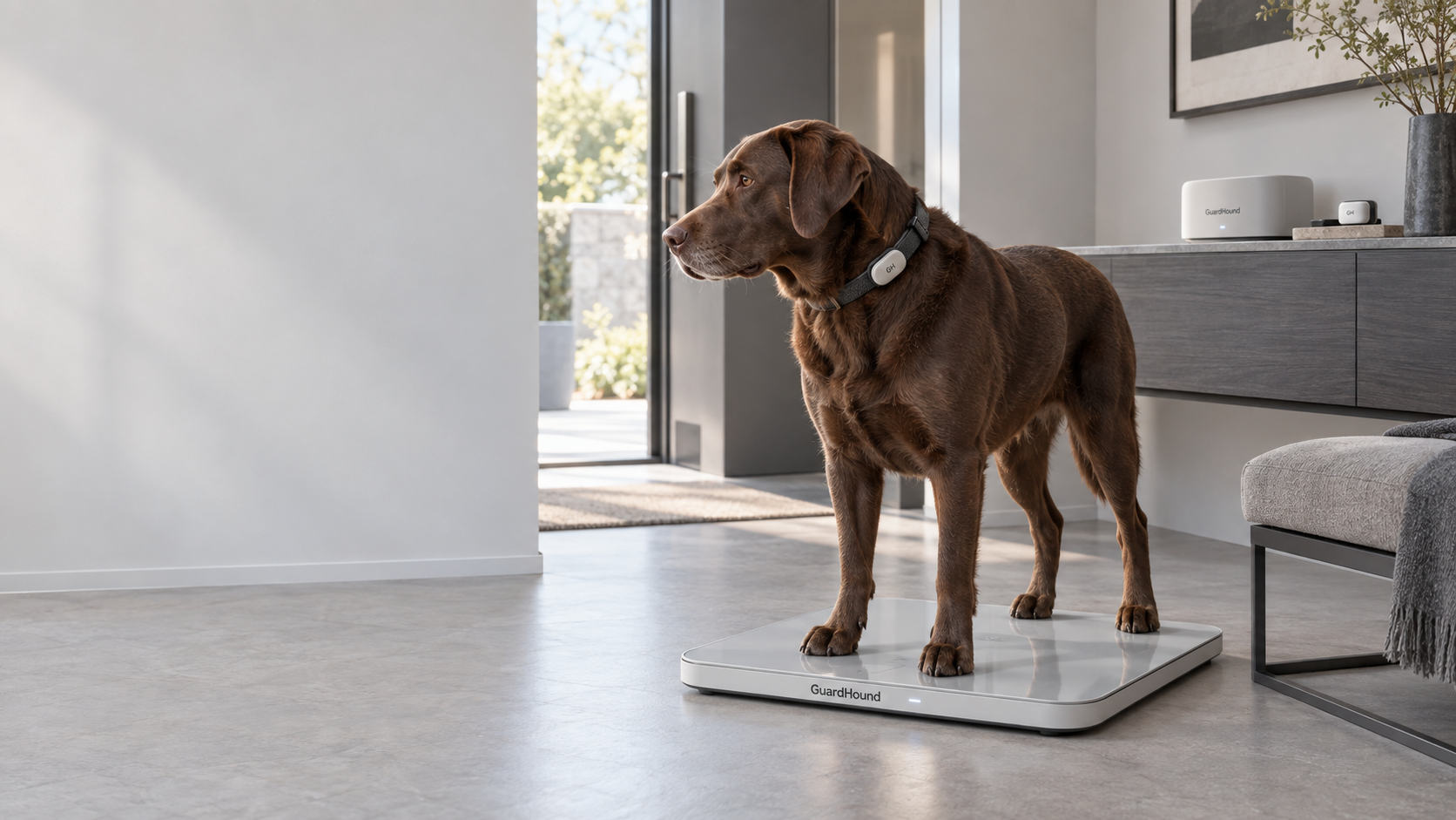 مشهد GuardHound للصحة والنشاط الذكية للكلاب: مدخل منزل حديث، حيث يقف كلب لابرادور بني اللون بطبيعية على ميزان وزن ذكي يحمل شعار GuardHound، ويرتدي في رقبته وحدة GH لتتبّع النشاط، وعلى الخزانة الجانبية قاعدة GuardHound Health Dock المنزلية ووحدة GH القابلة للارتداء للمزامنة، وتتزامن بيانات الوزن والنشاط اليومية باستمرار في المشهد المنزلي
