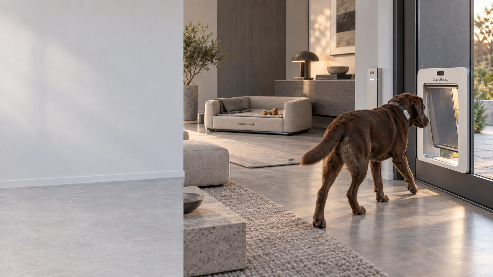 مشهد السكن والدخول الذكية من GuardHound · منزل حديث فاخر: كلب يعبر منطقة الراحة المنزلية باتجاه الباب الذكي للحيوانات الأليفة، وفي الإطار نفسه حلول ثبات الحرارة وأوكار الكلاب الذكية ووسائد الراحة المنزلية وأجهزة صلاحيات التنقل بين مناطق المنزل